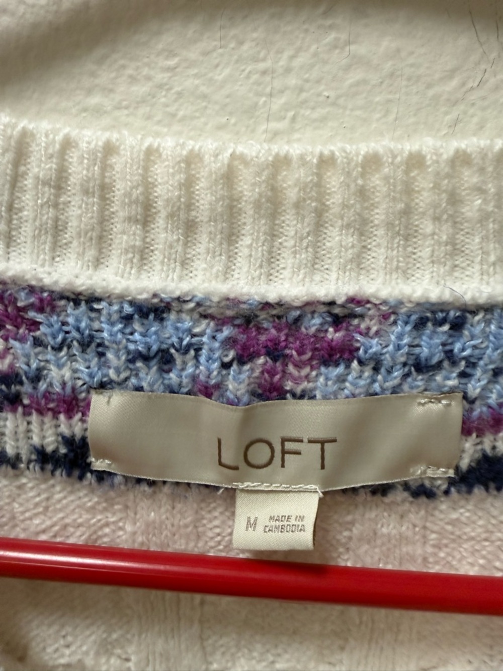 LOFT White Cable Knit Crew Sweater with Purple and Navy Fair Isle - Picture 3 of 3